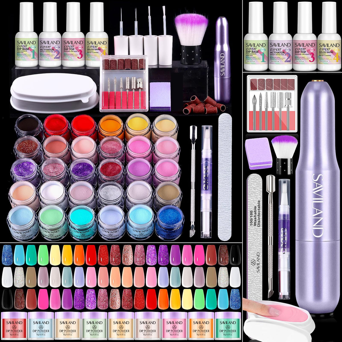SAVILAND front packaging showing complete dip powder kit and tools for easy setup