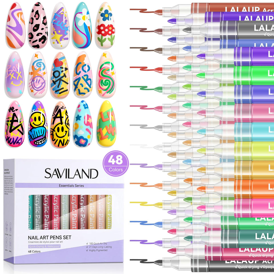 SAVILAND front packaging showing 48 nail art pens and kit benefits