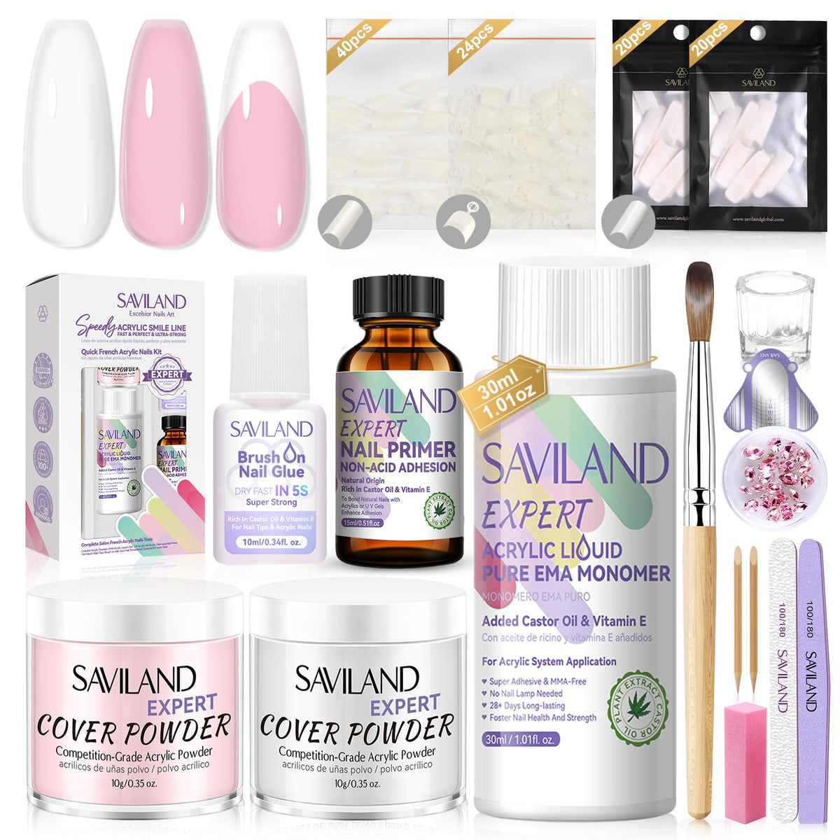 SAVILAND front packaging showing complete acrylic nail kit benefits