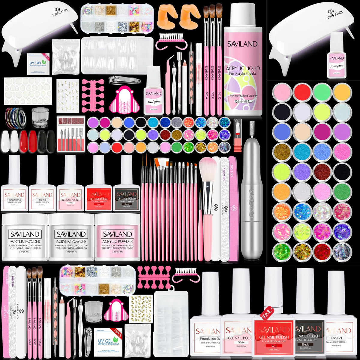 SAVILAND front packaging showing complete acrylic nail kit for easy starter setup