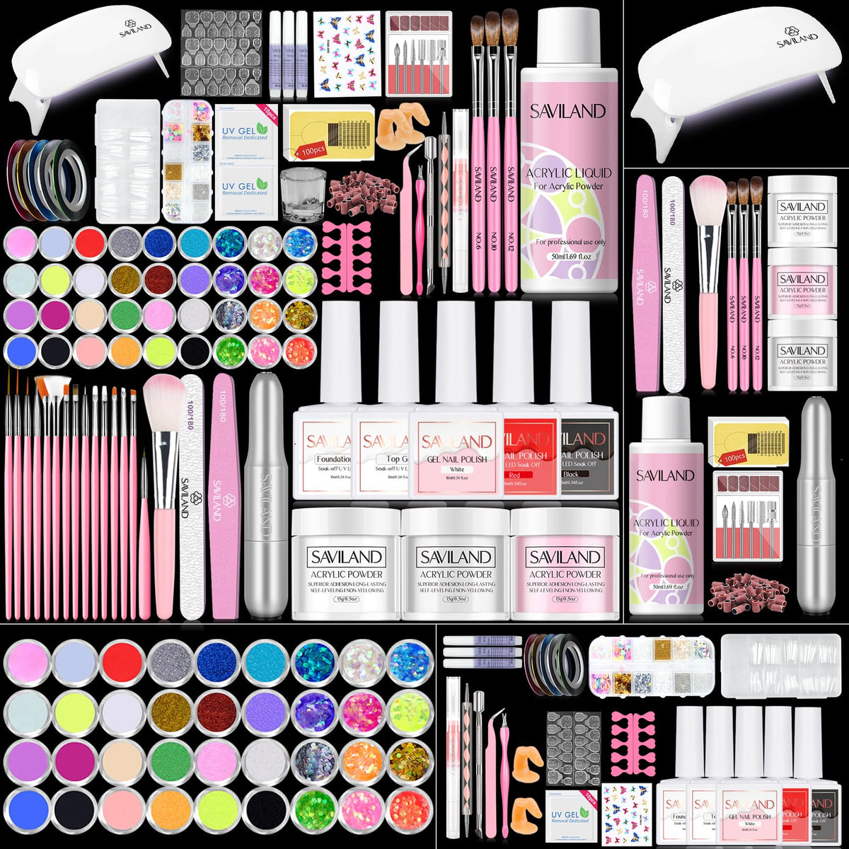 SAVILAND front packaging showing complete acrylic nail kit and contents for home salon convenience