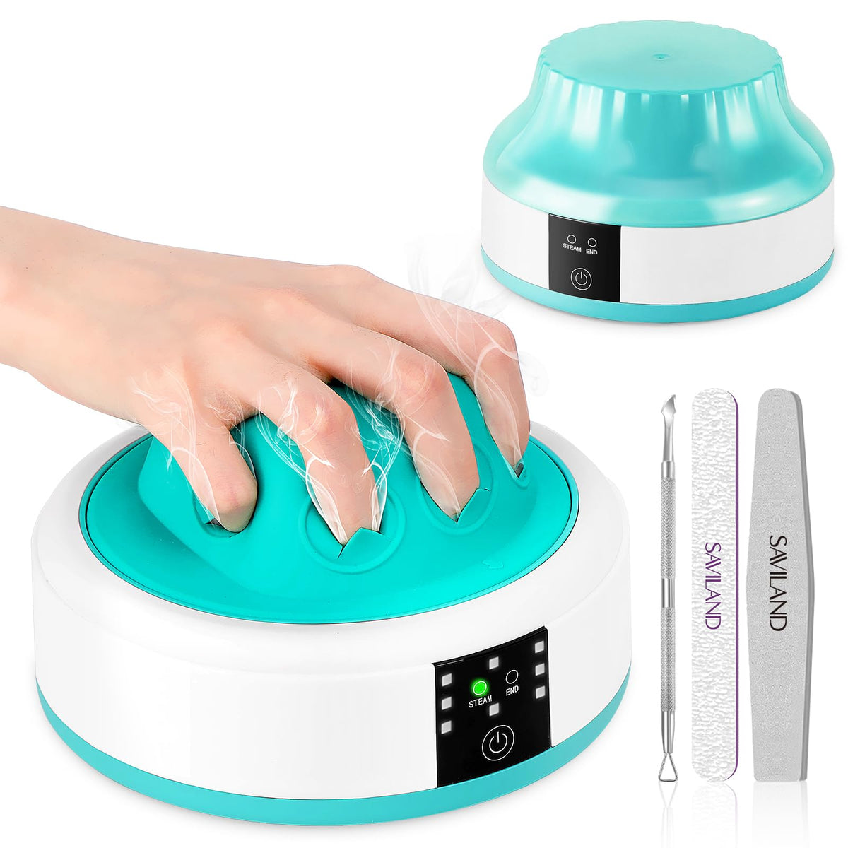 SAVILAND front view of steam nail polish remover machine showing controls and cup — compact convenience