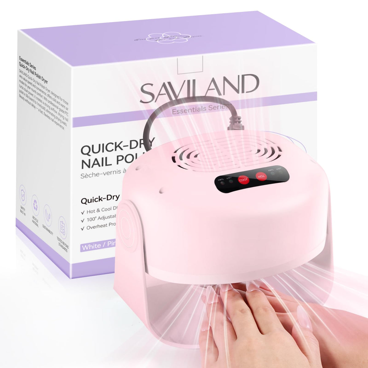 SAVILAND front view pink dryer showing compact profile and fast drying benefit