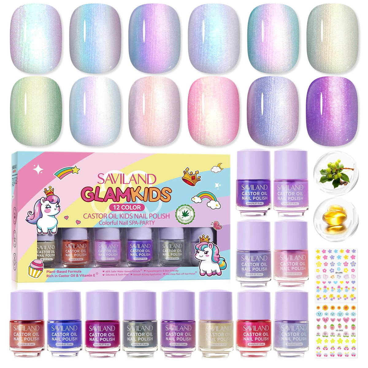 SAVILAND front packaging showing 12-color kids nail polish set and stickers benefit safe gifting