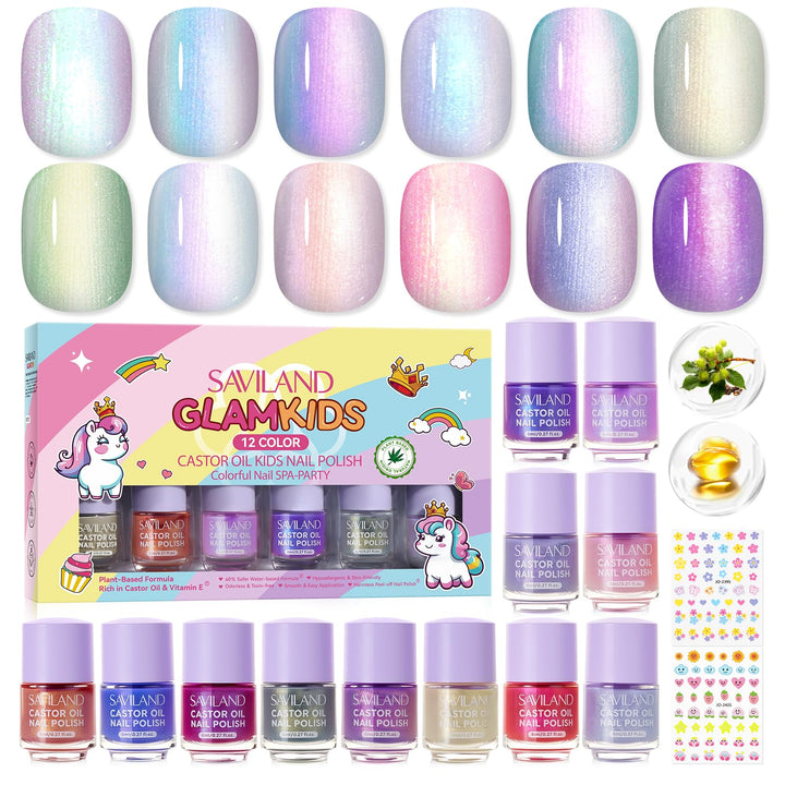 SAVILAND front packaging showing 12-color kids nail polish set and stickers benefit safe gifting