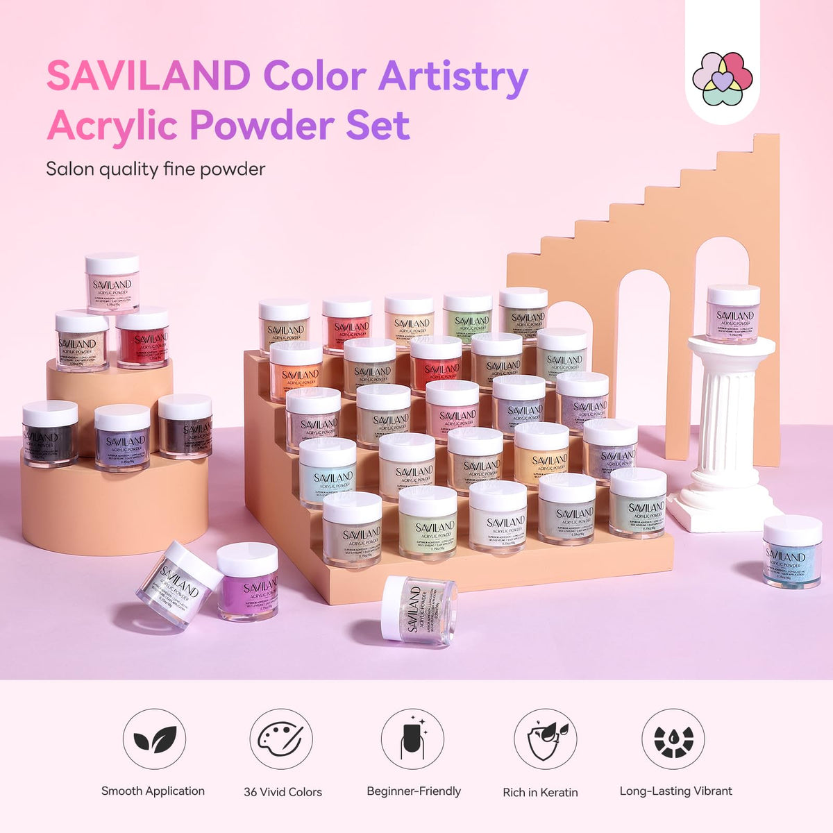 SAVILAND open jar close-up showing ultra-fine acrylic powder texture benefits