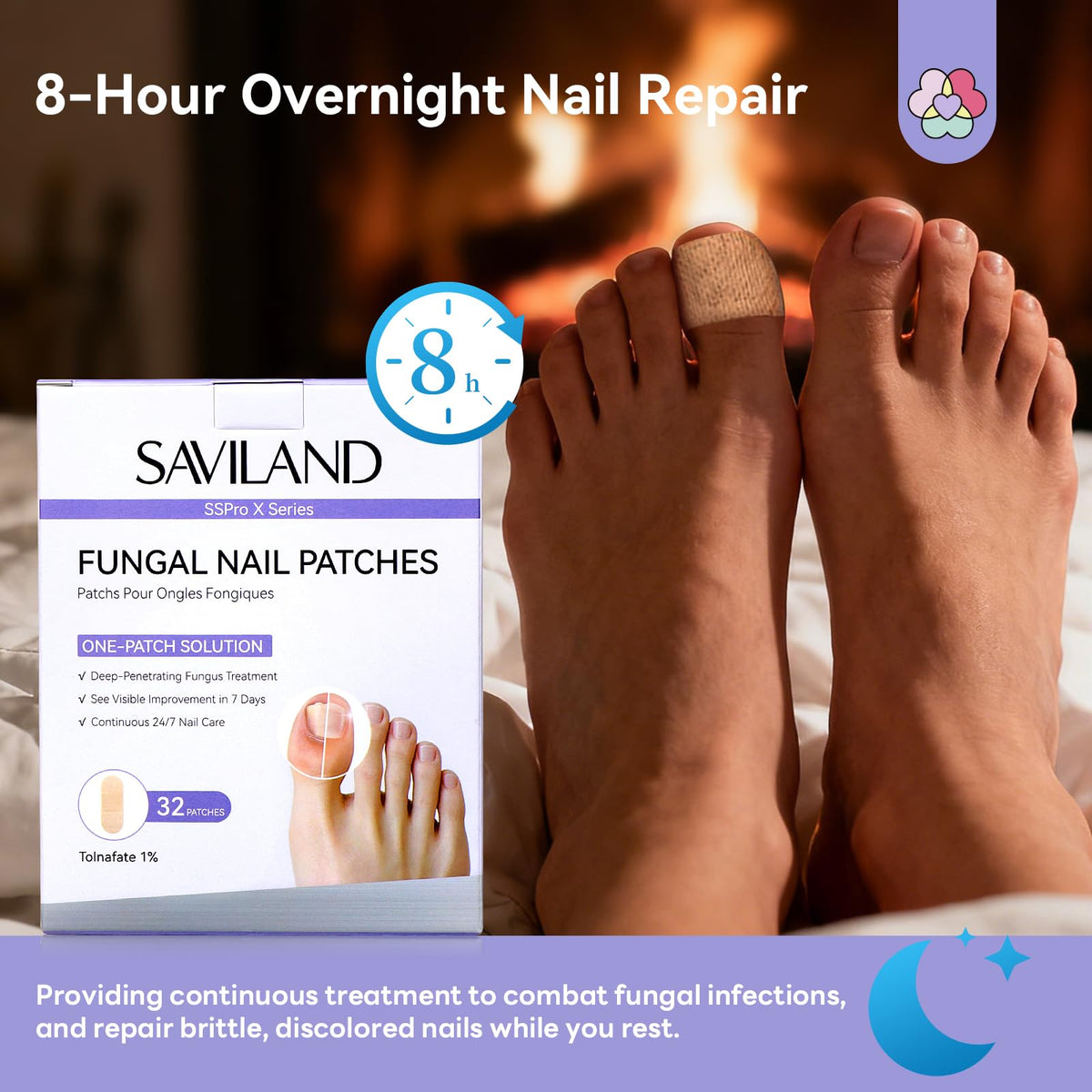 SAVILAND patch on toe beside bedside lamp demonstrating overnight wear