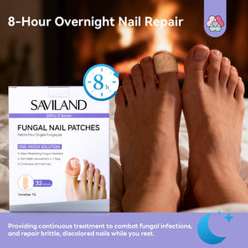 SAVILAND patch on toe beside bedside lamp demonstrating overnight wear