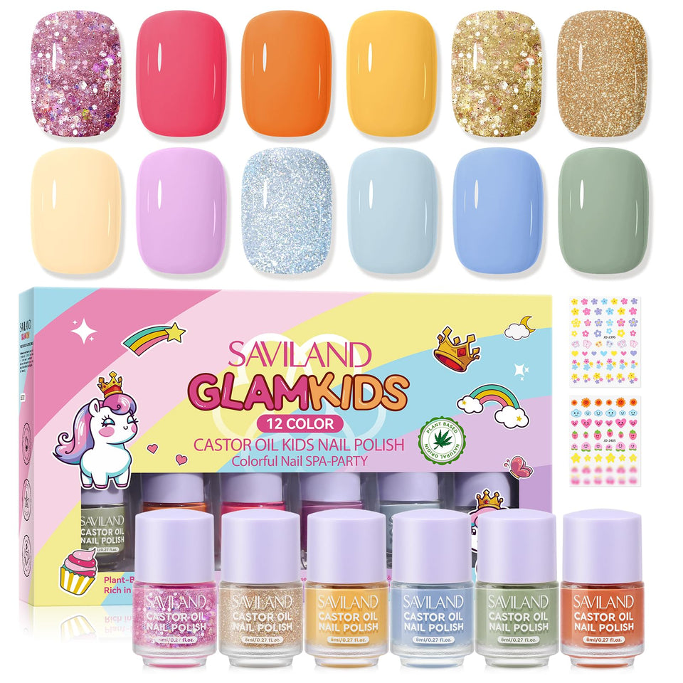 SAVILAND front packaging showing 12 colorful bottles and stickers, highlights variety