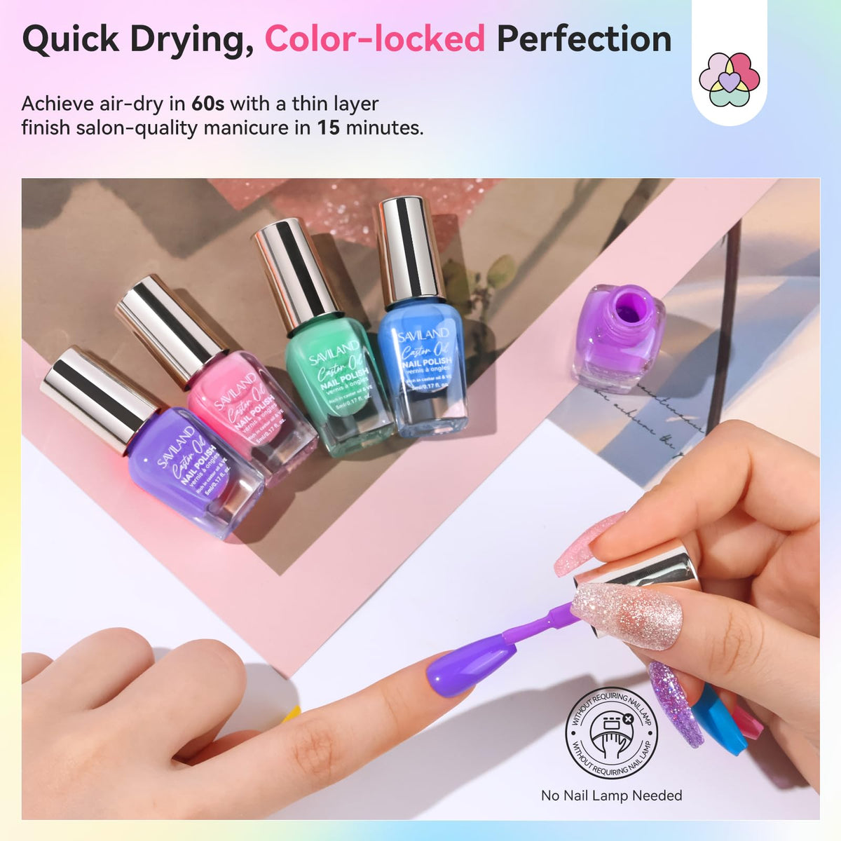 SAVILAND polish application on fingernail demonstrating quick-dry smooth coverage and shine