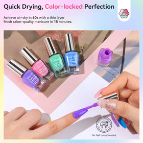 SAVILAND polish application on fingernail demonstrating quick-dry smooth coverage and shine