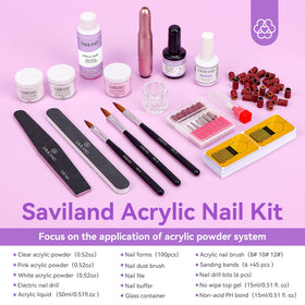 SAVILAND close-up of white pink clear powders and acrylic liquid for clarity