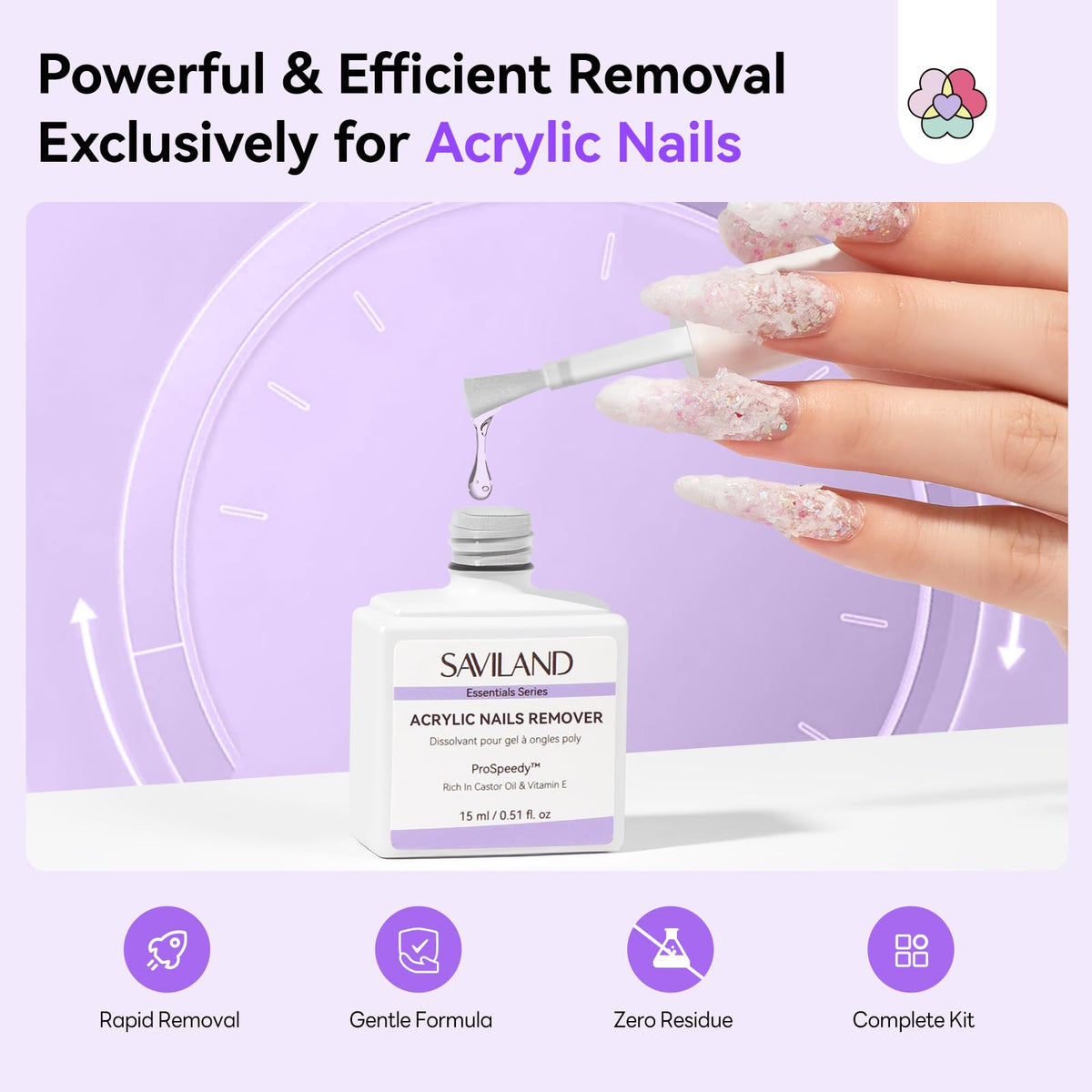 SAVILAND remover applied to acrylic nail in use, visibly softening product for easy lift