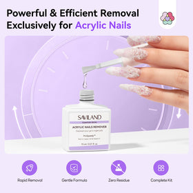 SAVILAND remover applied to acrylic nail in use, visibly softening product for easy lift