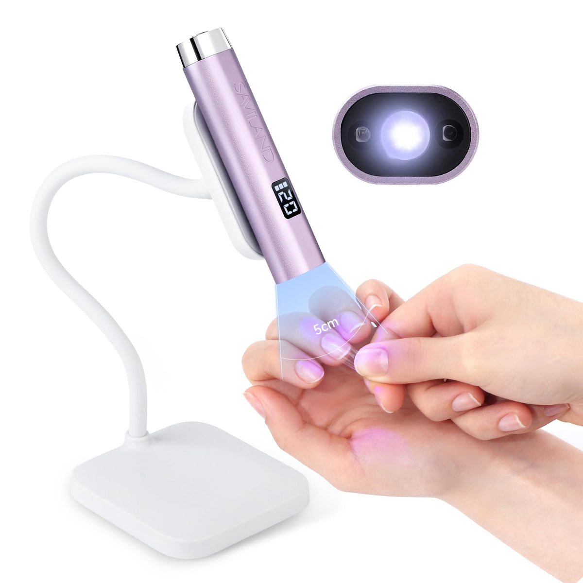 SAVILAND front view of compact lamp showing sleek design and portability