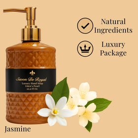 Savon De Royal pump dispensing soap to show easy, refillable bottle benefit