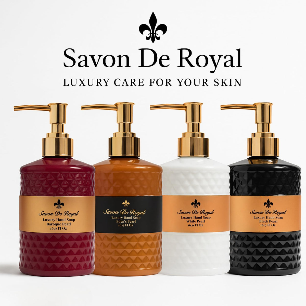 Savon De Royal bottle beside common items to show 16.9 fl oz size and scale