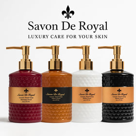 Savon De Royal bottle beside common items to show 16.9 fl oz size and scale