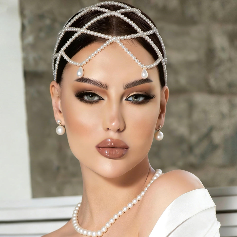 SAWINDA front view showing full-head pearl cap and elegant silhouette