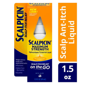 Scalpicin 1.5 fl oz bottle held for scale, shows compact travel-friendly size