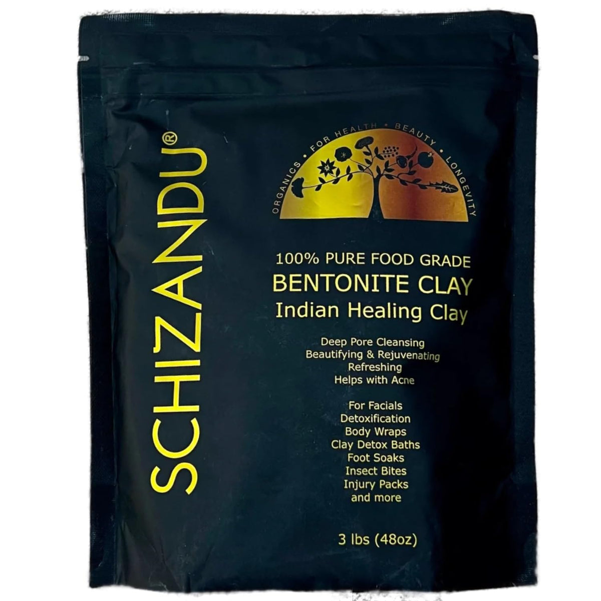 Schizandu front packaging showing 3 lb vegan bentonite clay, clear label benefit