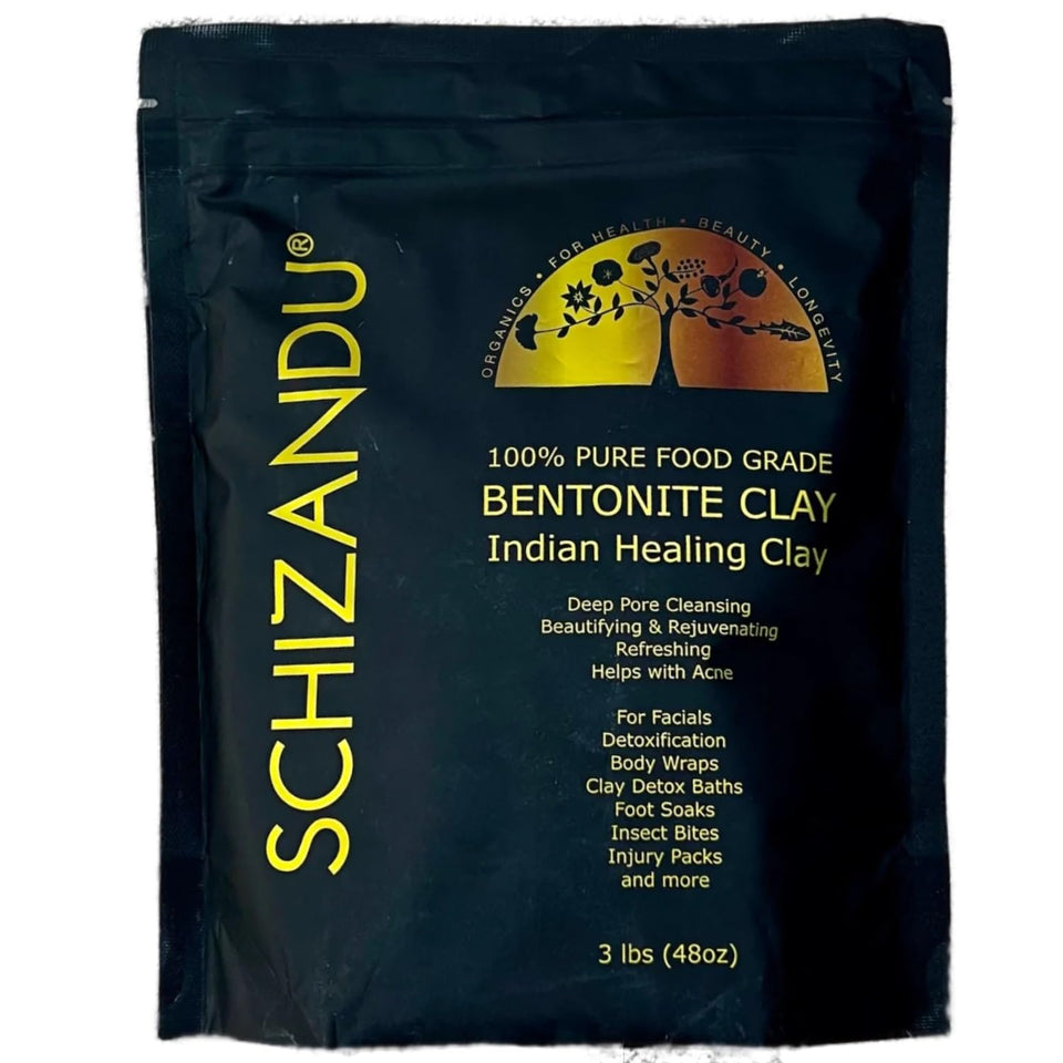 Schizandu front packaging showing 3 lb vegan bentonite clay, clear label benefit