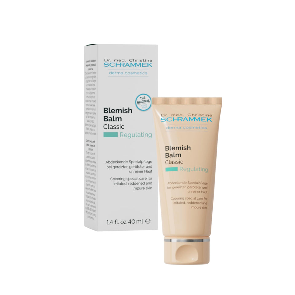 Schrammek blemish balm front tube showing product and easy application benefit