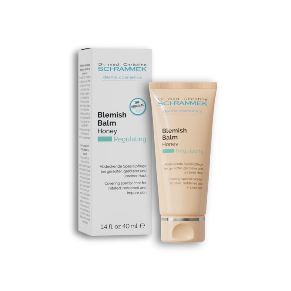 Schrammek front packaging of Blemish Balm Honey showing product benefit