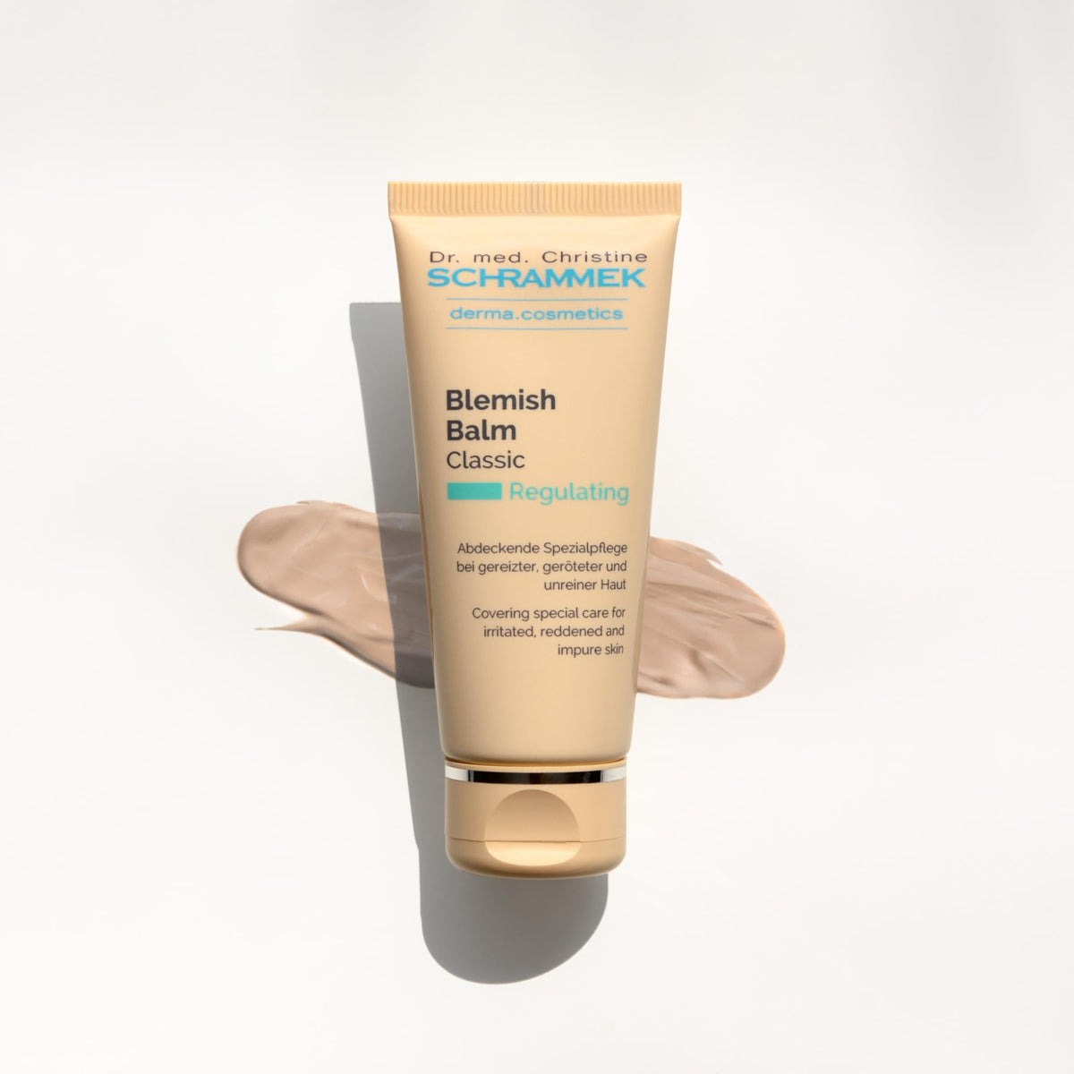 Schrammek blemish balm in-hand application demonstrating coverage control benefit