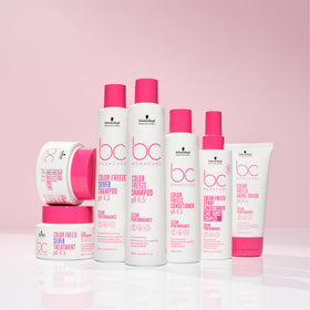 Lifestyle on bathroom shelf illustrating Schwarzkopf Professional fitting into daily color care routines
