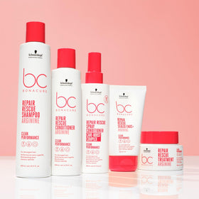 Schwarzkopf Professional BC Bonacure sealed ends on bathroom shelf with styling tools, shows daily routine convenience benefit