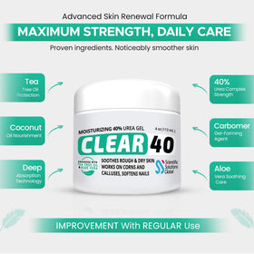Scientific Solutions CLEAR 40 ingredients display with tea tree coconut aloe showing natural conditioning benefit