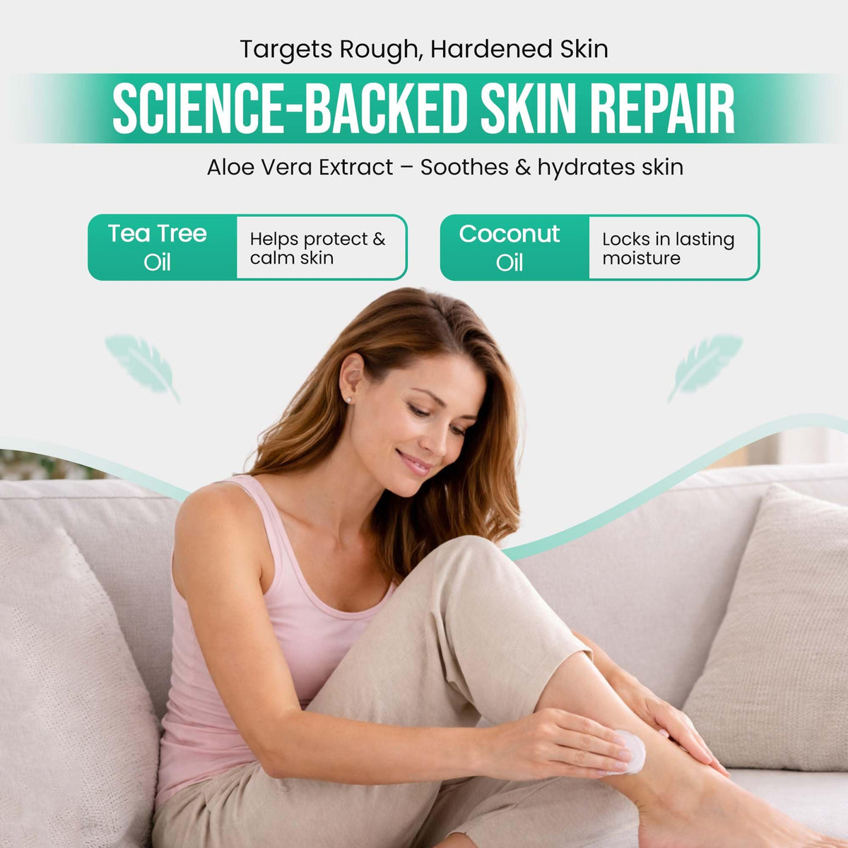 Scientific Solutions CLEAR 40 ingredients display with tea tree, coconut, and aloe highlighting natural support