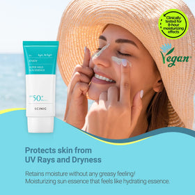 SCINIC hydrating essence texture drop showing non-sticky, moisturizing feel