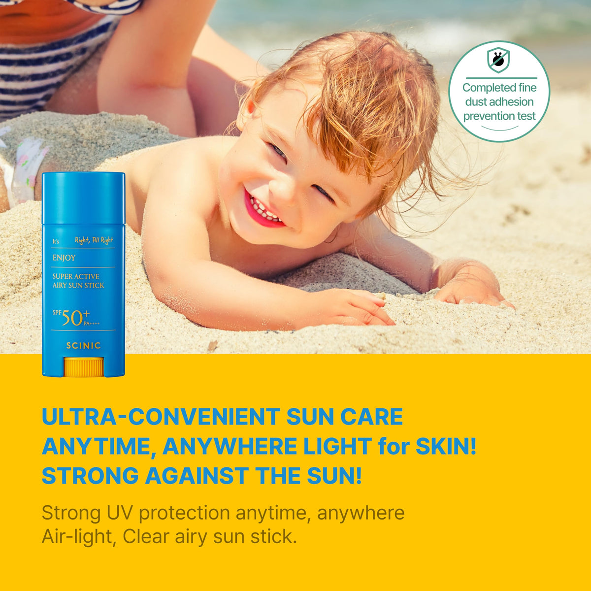 SCINIC sun stick texture close-up illustrating airy finish and clear application