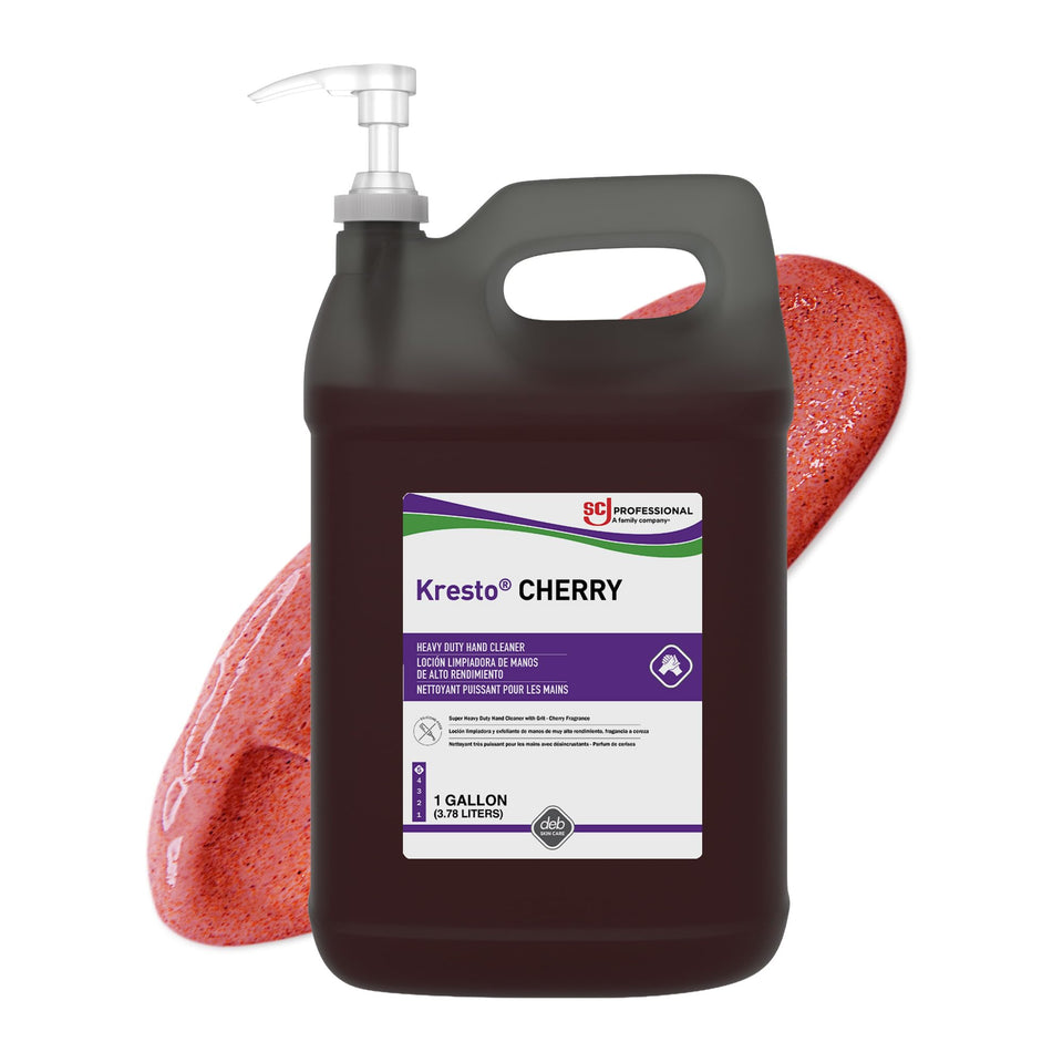 SC Johnson Kresto Cherry front packaging showing gallon pump and label benefits