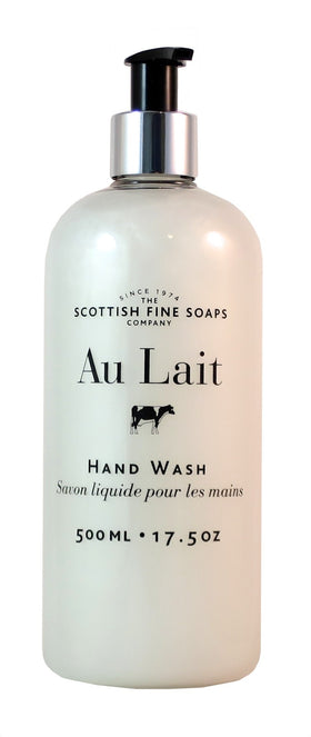 Scottish Fine Soaps Au Lait front label showing bottle and volume benefit