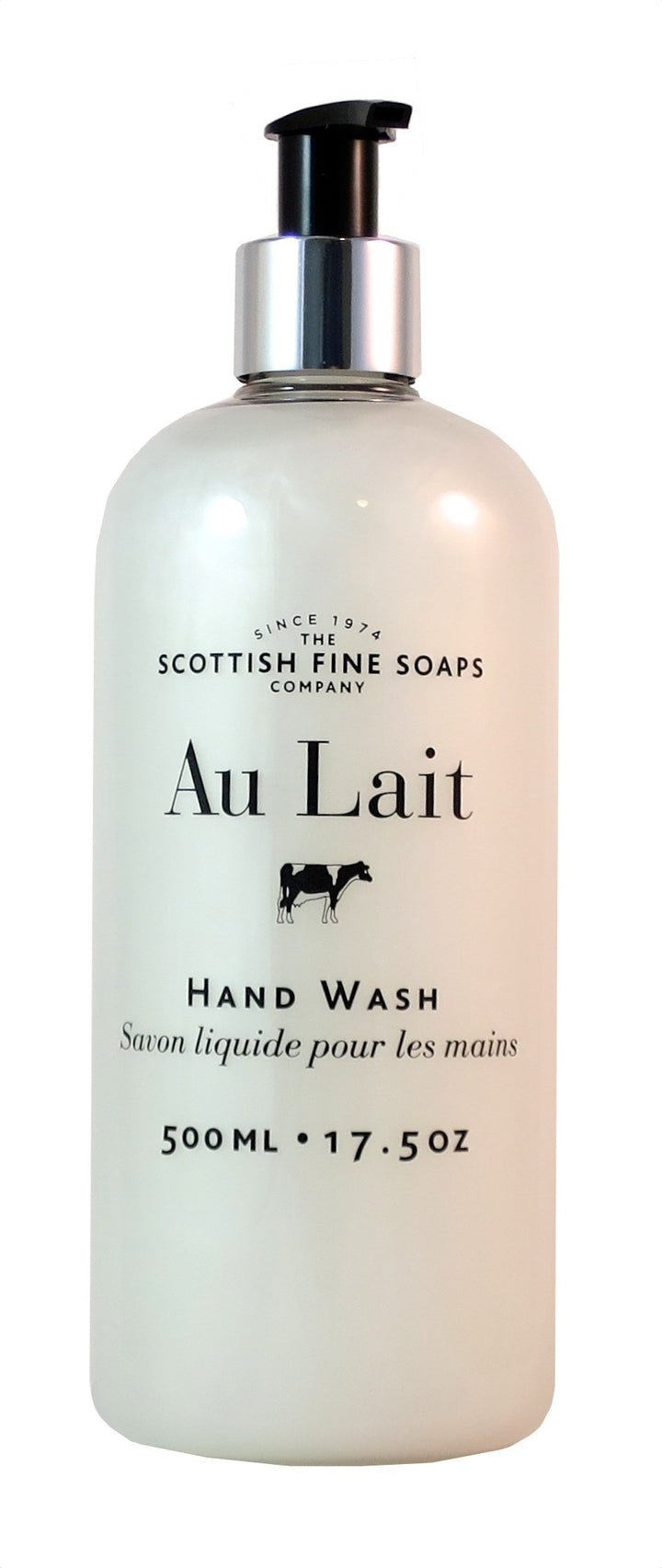 Scottish Fine Soaps Au Lait front label showing bottle and volume benefit