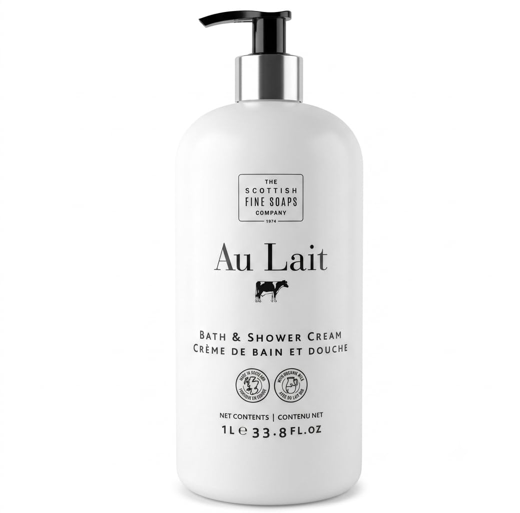 Scottish Fine Soaps front packaging showing elegant bottle and clear branding, premium look