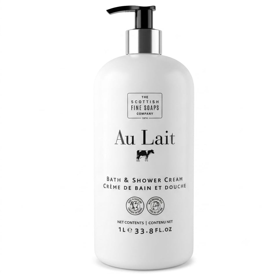 Scottish Fine Soaps front packaging showing elegant bottle and clear branding, premium look