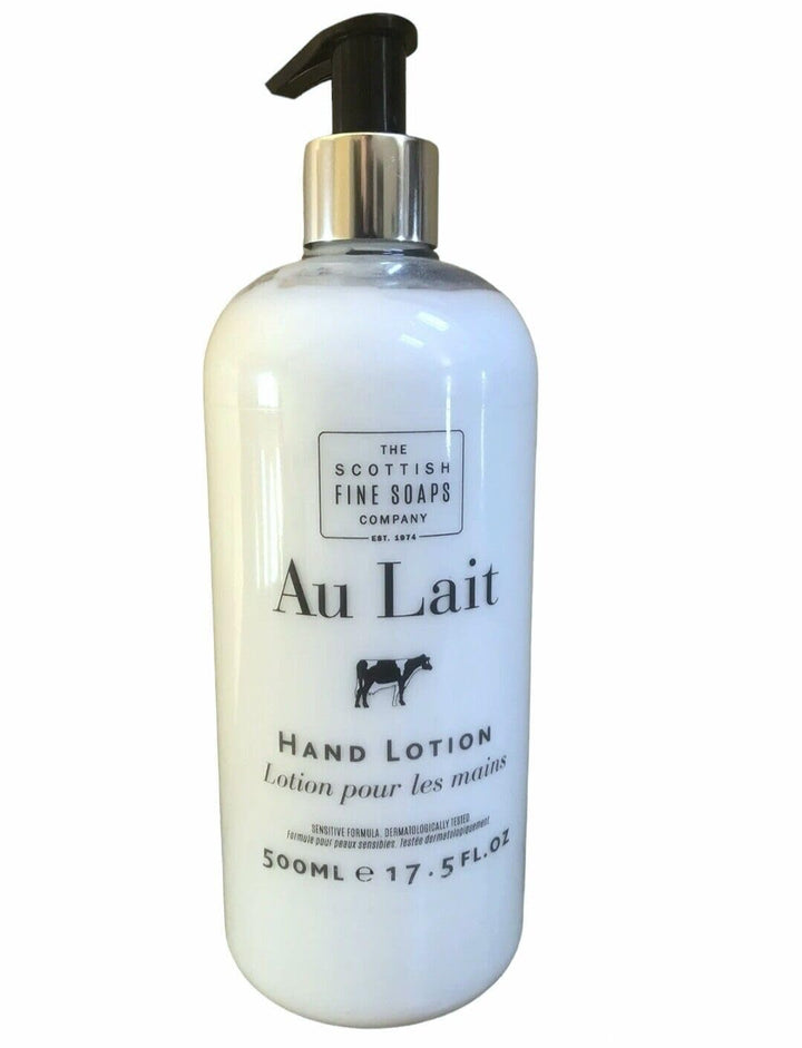 Scottish Fine Soaps Au Lait front packaging shows large pump and product identity, ready for frequent use