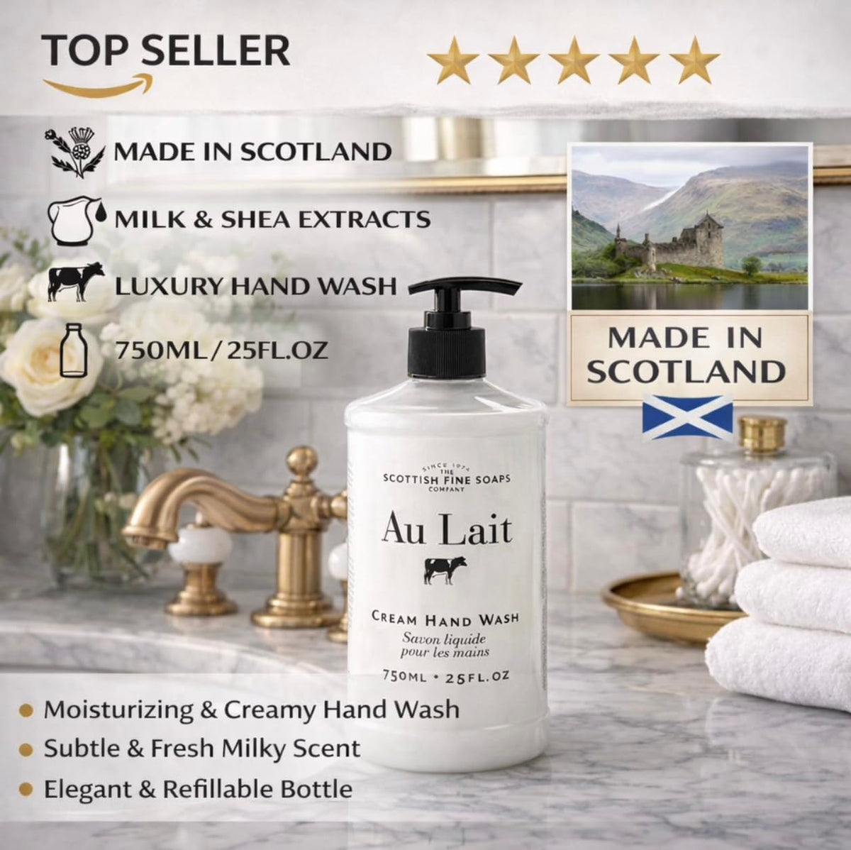 Scottish Fine Soaps pump close-up highlighting easy one-handed dispensing benefit