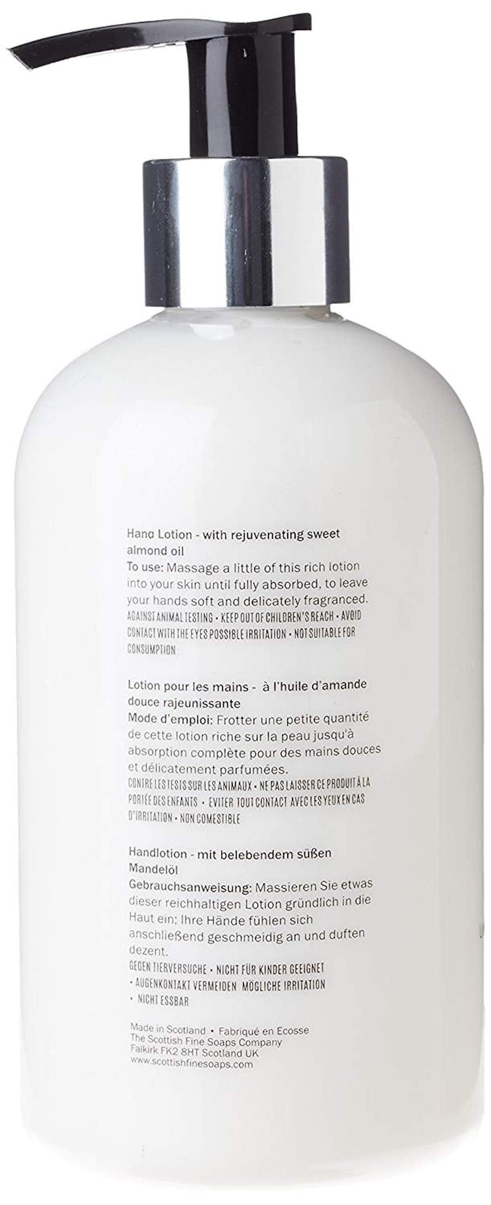 Scottish Fine Soaps Au Lait pump close-up highlighting pump mechanism and easy measured dispensing