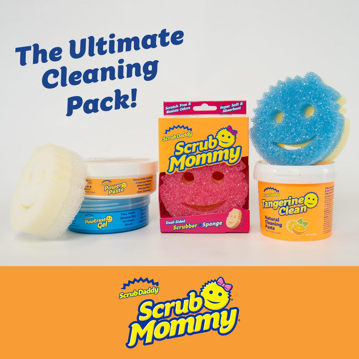 Scrub Daddy pastes and Scrub Mommy sponges arranged, showing kit versatility and coverage