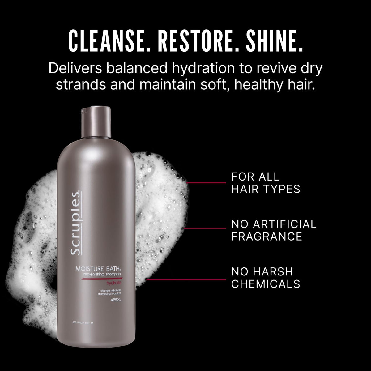 Scruples shampoo being applied in shower for smoother, softer hair