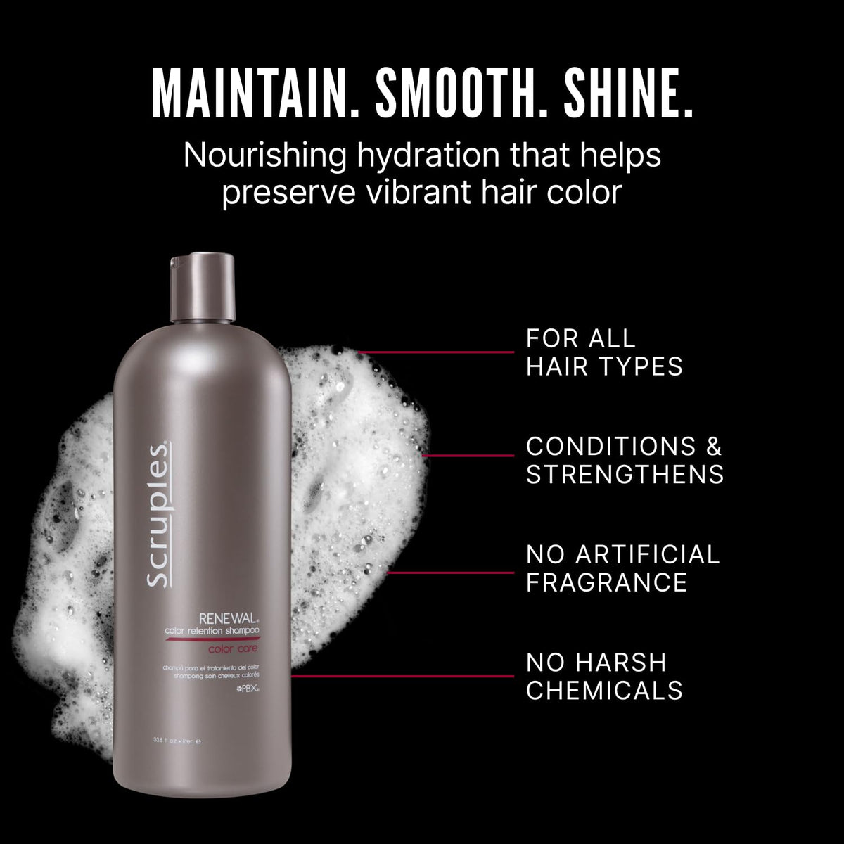Scruples Renewal Shampoo in shower showing cleansing action and color care