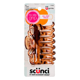 Scunci front view clip showing large claws and reliable grip for thick hair