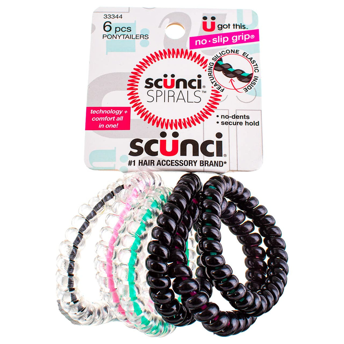 Scunci spiral ponytailers front packaging showing pack quantity and benefits