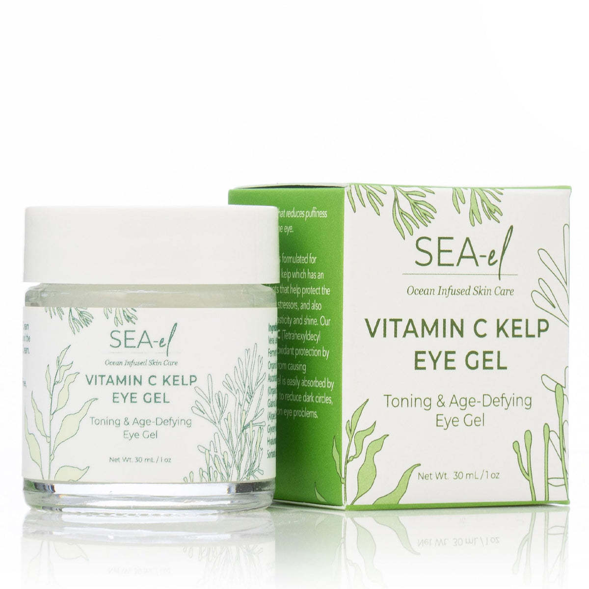Sea-El label ingredients close-up showing vitamin C and kelp for brightening