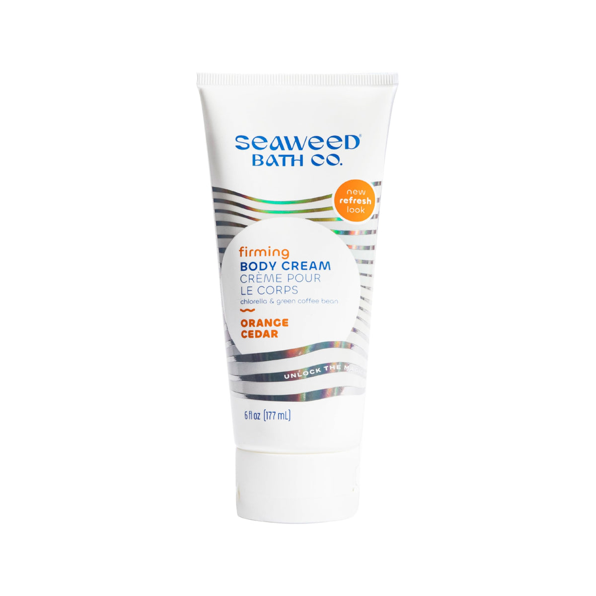 Seaweed Bath Co. front packaging showing 6 oz tube and orange cedar scent benefits